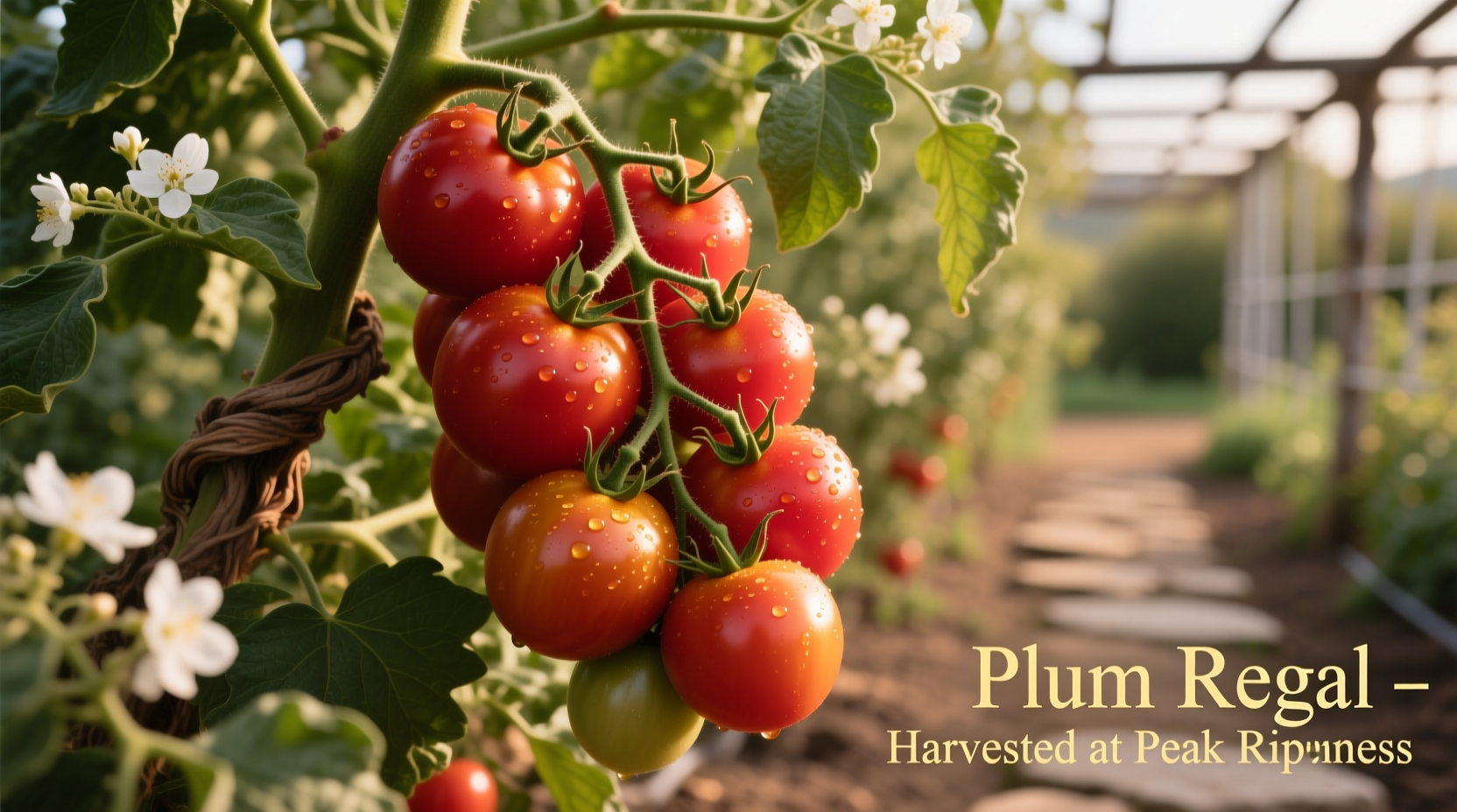 Plum Regal tomatoes on vine with mature fruits