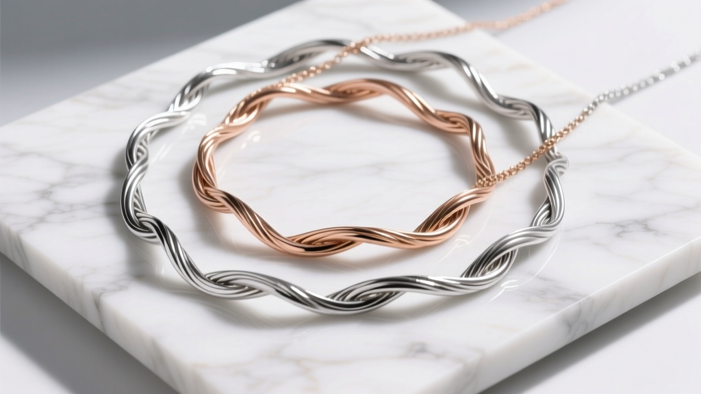 Overhead view of petite cable linked necklaces in platinum, rose gold, and titanium, resting flat on a clean white marble slab.