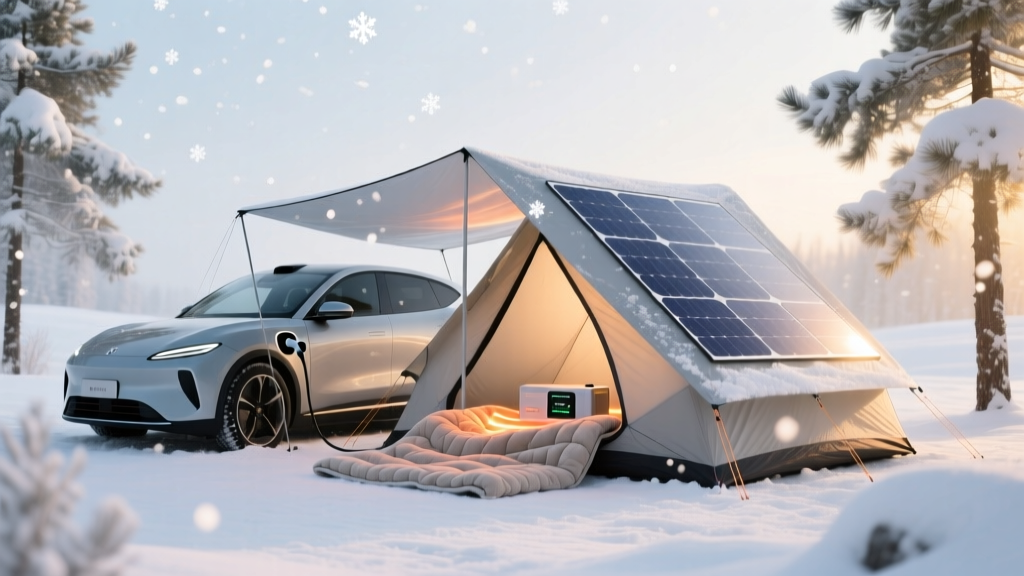 Winter camping scene showing an EV connected to a portable solar-integrated roof tent while snow falls on the thermal battery blanket