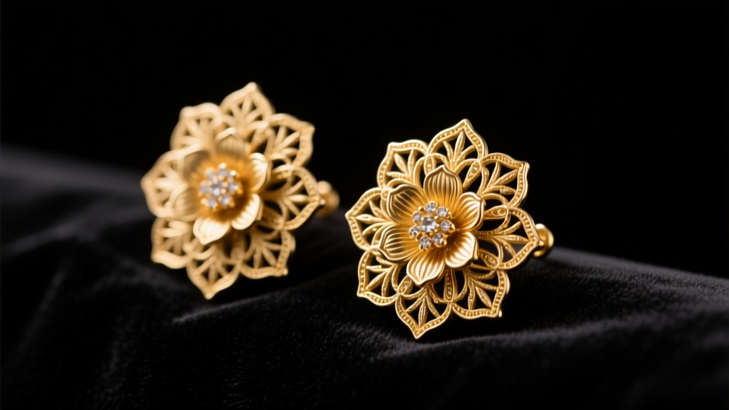 Close-up of intricate gold floral Dishta earrings on dark velvet, soft studio lighting highlighting the textured metalwork.