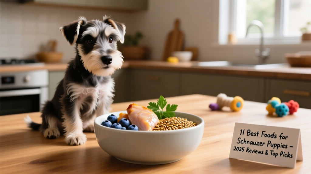 A playful Schnauzer puppy sitting beside a clean, colorful bowl of kibble and fresh ingredients like chicken, blueberries, and flaxseed