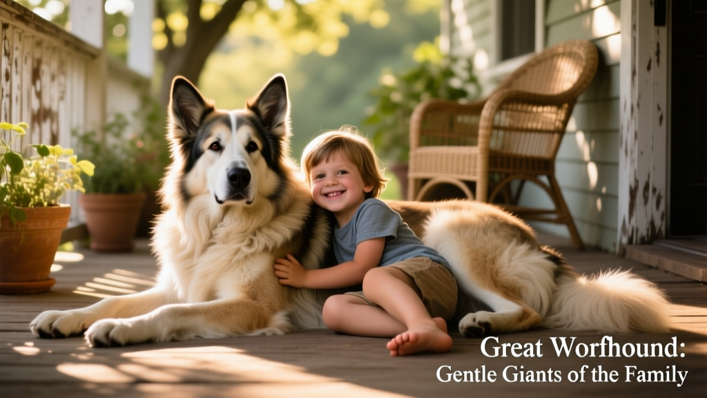 A relaxed Great Wolfhound lying beside a child on a sunlit porch, illustrating its gentle, protective nature