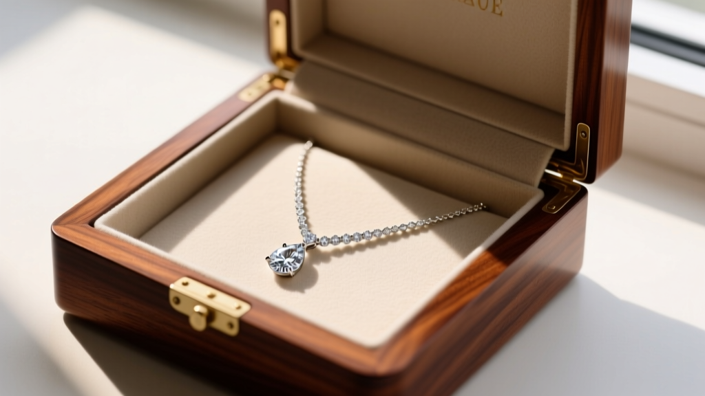 Open mahogany jewelry box showing a diamond teardrop necklace stored flat in a fabric slot, safely separated from other jewelry.