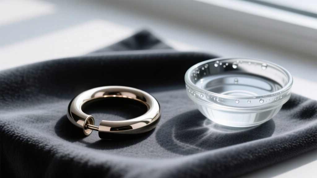 A 16-gauge titanium helix hoop resting on a dark microfiber cloth next to a small glass bowl of sterile saline cleaning solution.