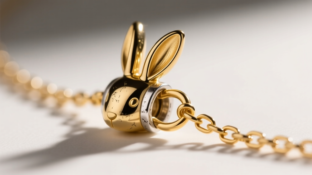 Extreme close-up of a gold vermeil bunny necklace bail and chain connection, showing slight wear on the silver base metal beneath.