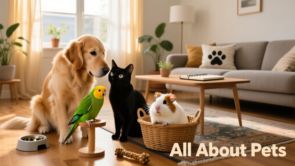 A diverse group of pets including a dog, cat, parakeet, and guinea pig in a sunlit living room