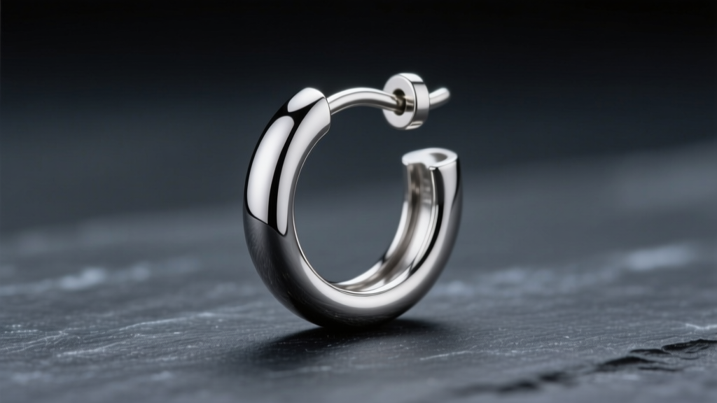 Macro shot of a polished 25mm titanium hoop earring with a seamless clicker closure on dark slate under soft studio lighting