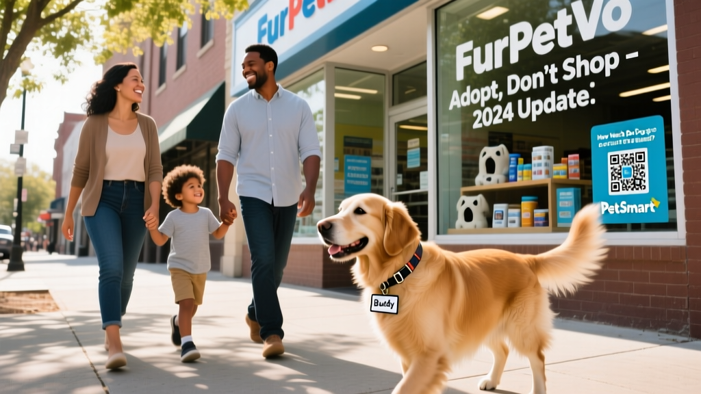 Happy family walking their newly adopted dog past a FurPetVo storefront with adoption signage visible