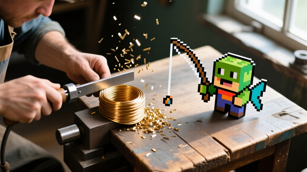 Overhead view of a jeweler saw cutting 18-gauge brass wire with a pixel-art Terraria angler reference sketch placed nearby on wood.