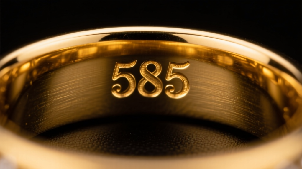 Macro photo of a vintage 14k yellow gold ring interior showing a crisp 585 hallmark stamp under bright jeweler lamp lighting.