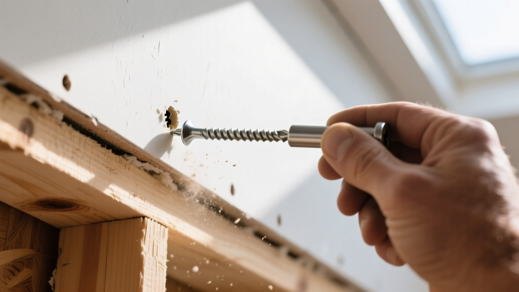 Close-up of a contractor driving a 1-5/8 inch drywall screw into a 5/8-inch thick gypsum board ceiling panel on wood framing