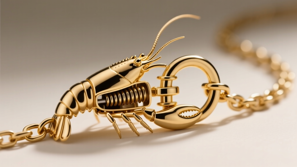 Side profile of a lobster clasp and soldered jump ring on a gold chain, showing the internal spring mechanism and secure closure.