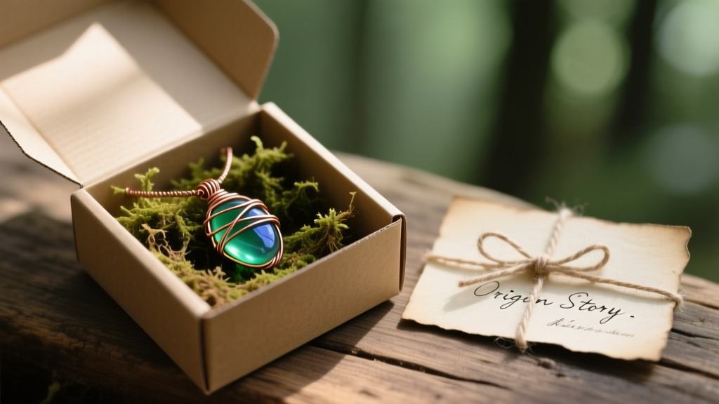 Open kraft box displaying a wire-wrapped sea glass pendant on dried moss beside a handwritten origin story card tied with twine