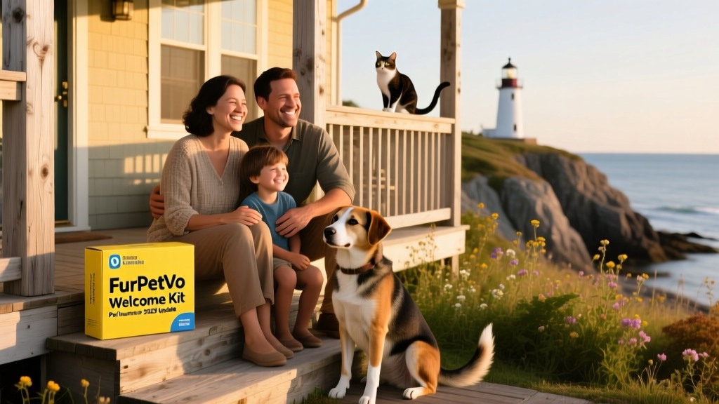 Smiling Maine family with their mixed-breed dog and cat, standing outside their coastal home with a FurPetVo welcome kit visible on the porch step