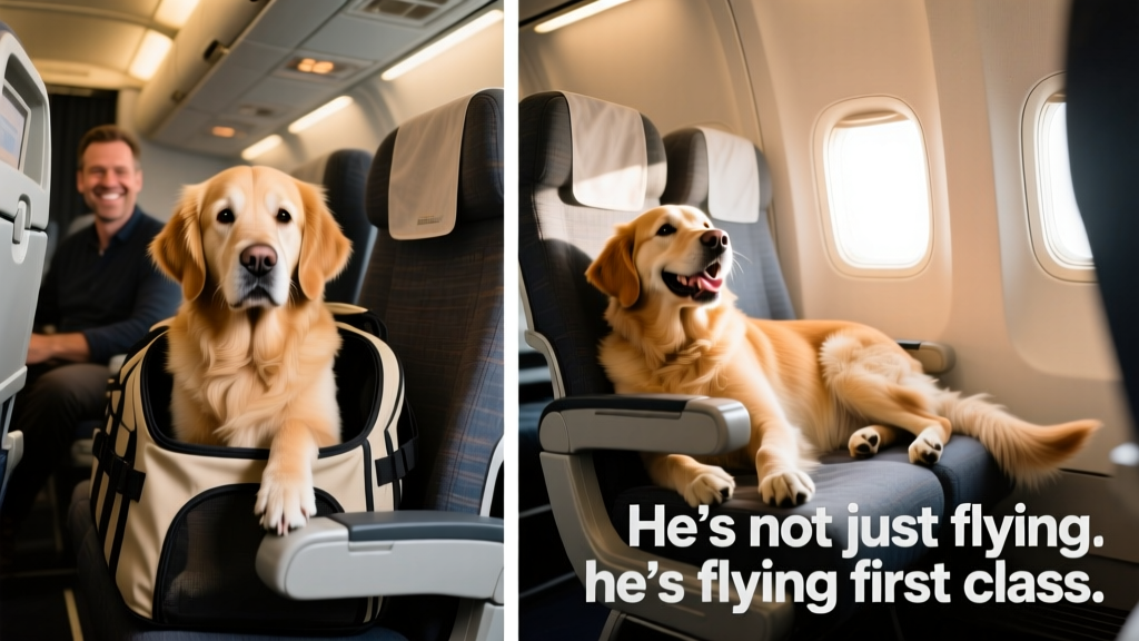 Side-by-side comparison of a dog in a carrier under a seat versus resting comfortably on an empty airplane seat