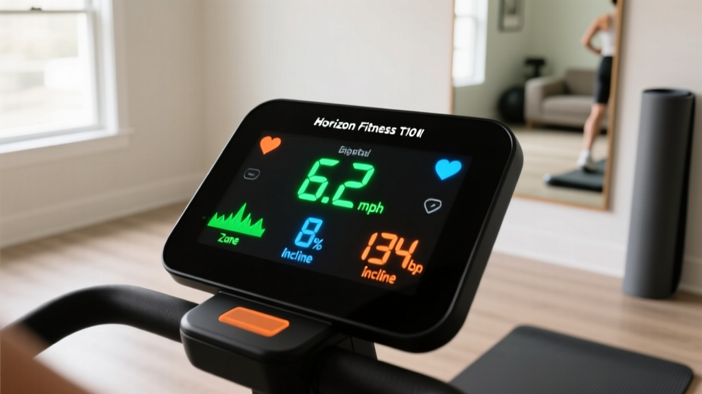 Close-up view of the Horizon Fitness T101 digital console displaying speed, incline, and heart rate metrics during a walking workout