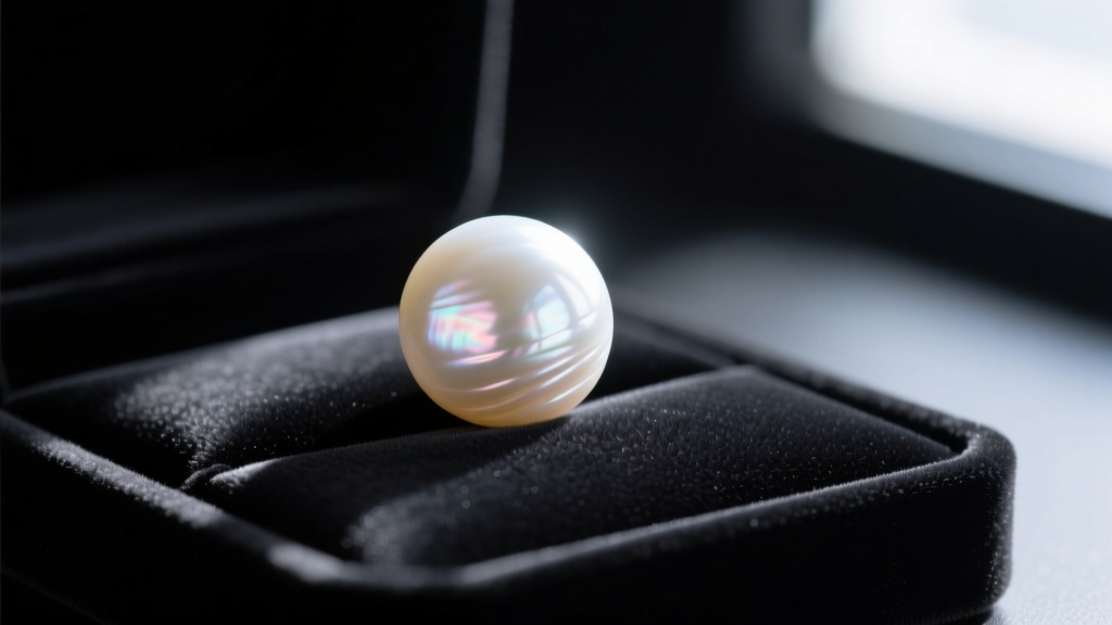 Macro shot of a white South Sea pearl revealing thick nacre and rose overtones, resting on a dark velvet jewelry grading tray