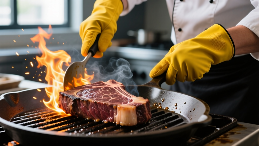 Close-up of a chef wearing yellow silicone-coated aramid grilling gloves flipping a thick ribeye steak on a cast iron grate with flare-ups