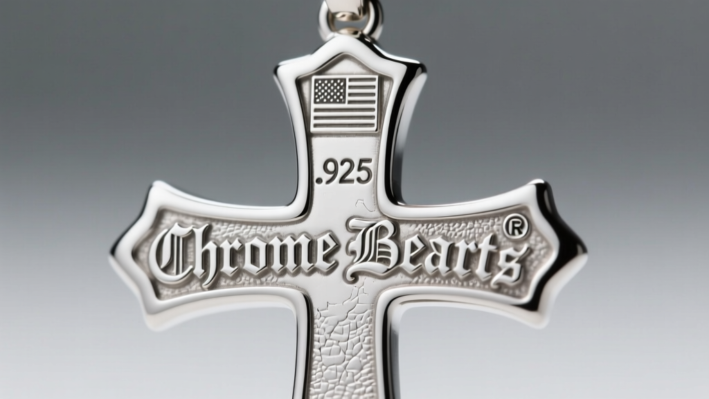 Macro view of a Chrome Hearts cross back, showing the deep .925 silver hallmark, USA logo, and a crisp registered trademark symbol