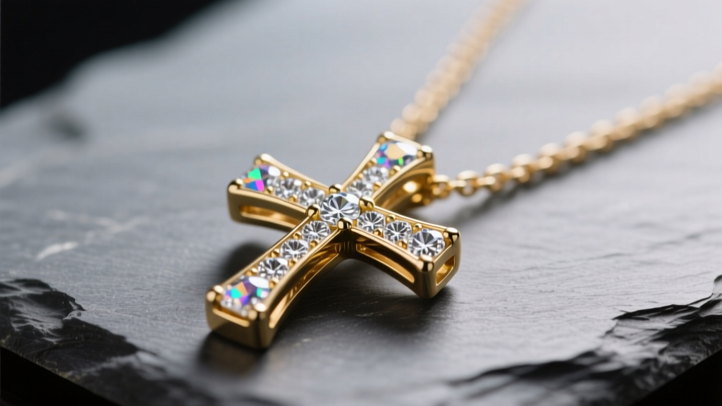 Macro shot of gold double cross necklace on slate, highlighting PVD coating and cubic zirconia pave under bright studio lighting