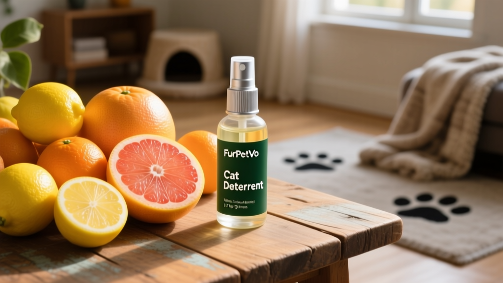 A collection of citrus fruits—lemon, orange, and grapefruit—next to a FurPetVo essential oil spray bottle labeled 'Cat Deterrent'