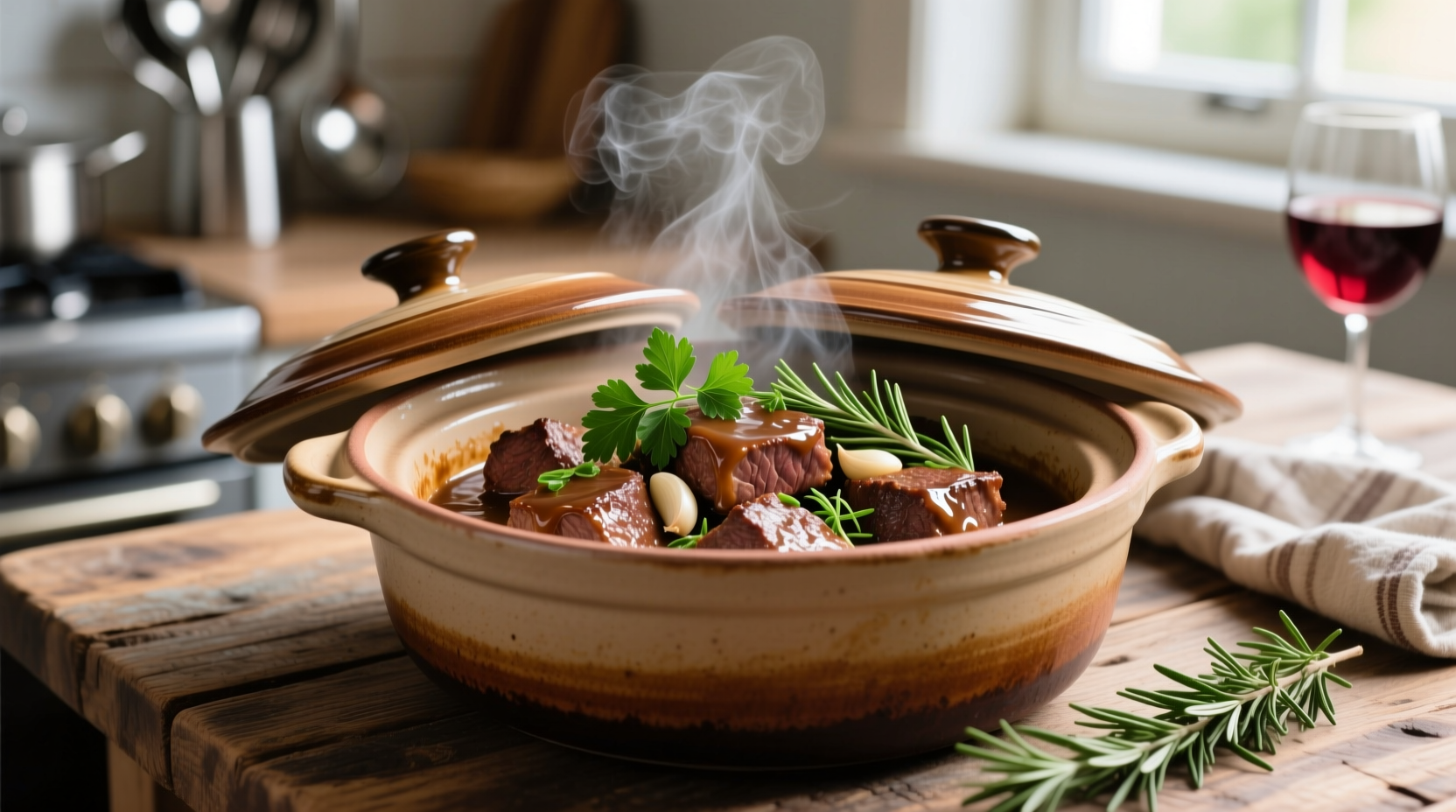 Garlic steak bites in crock pot with fresh herbs