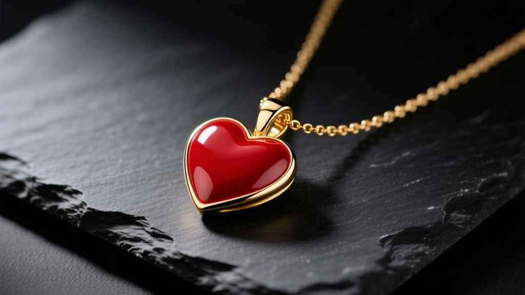 A 14k yellow gold necklace with a polished red enamel heart pendant resting on dark slate under soft studio lighting.