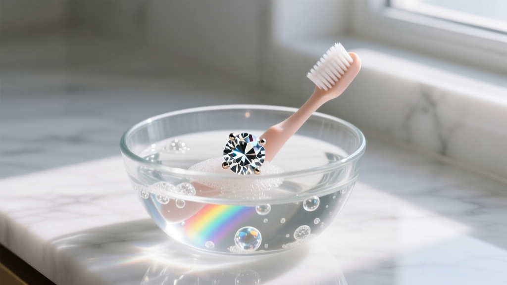 Soft baby toothbrush gently scrubbing the pavilion of a large diamond earring submerged in a glass bowl of soapy distilled water.