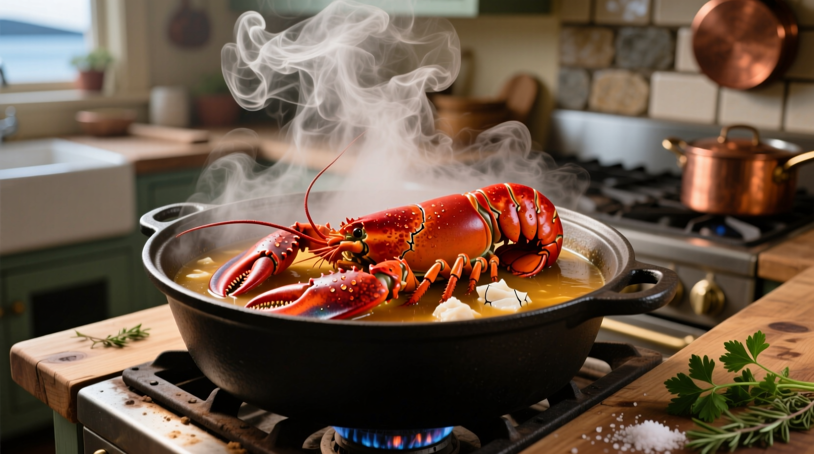 Steaming cooked lobster in a pot with steam rising