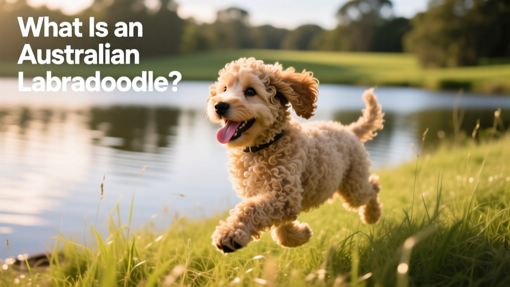 A playful Australian Labradoodle puppy running through grass near a lakeside, showing off its curly coat and joyful expression