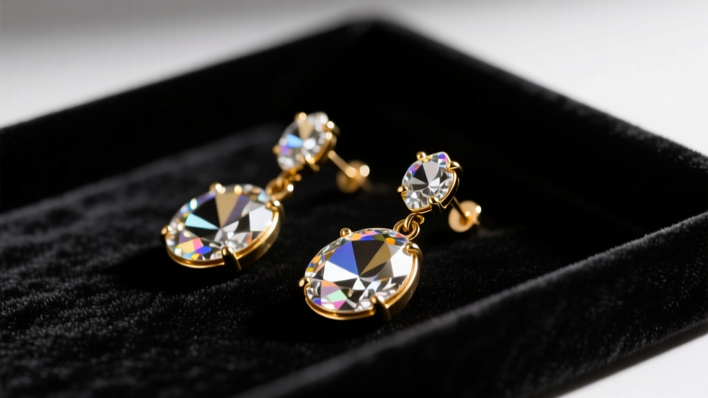 Close-up of vintage 1990s Jean Paul Gaultier gold-tone crystal drop earrings resting on a black velvet tray, soft studio lighting.