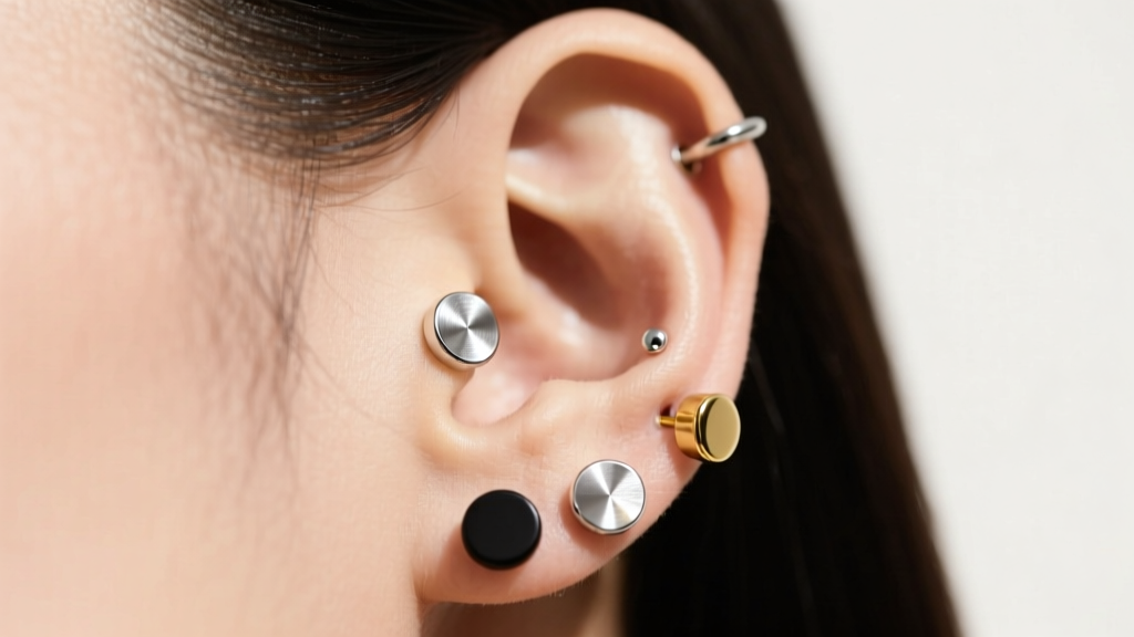 Profile view of a curated ear stack featuring 4mm and 8mm mixed-metal circular stud earrings in cartilage and lobe piercings