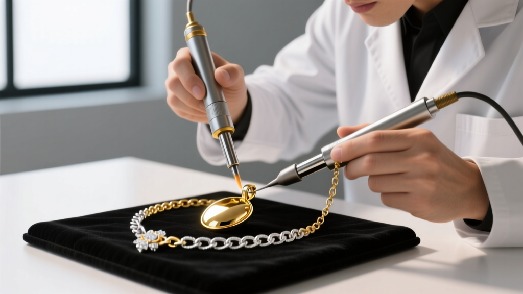 Professional jeweler using a rectifier and plating wand to apply a fresh layer of 18k gold onto a sterling silver pendant chain.