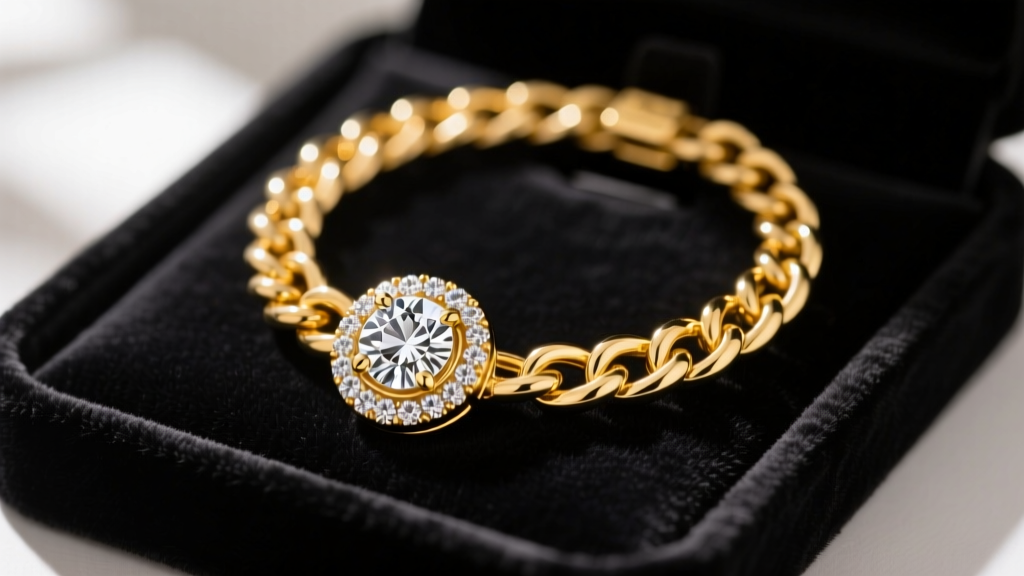 Close-up of a heavy 14k yellow gold chain with a custom diamond-encrusted pendant resting on a dark velvet jewelry display tray.