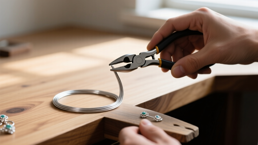 Hands using nylon jaw pliers to bend 20-gauge sterling silver wire into a sharp angle on a wooden jeweler