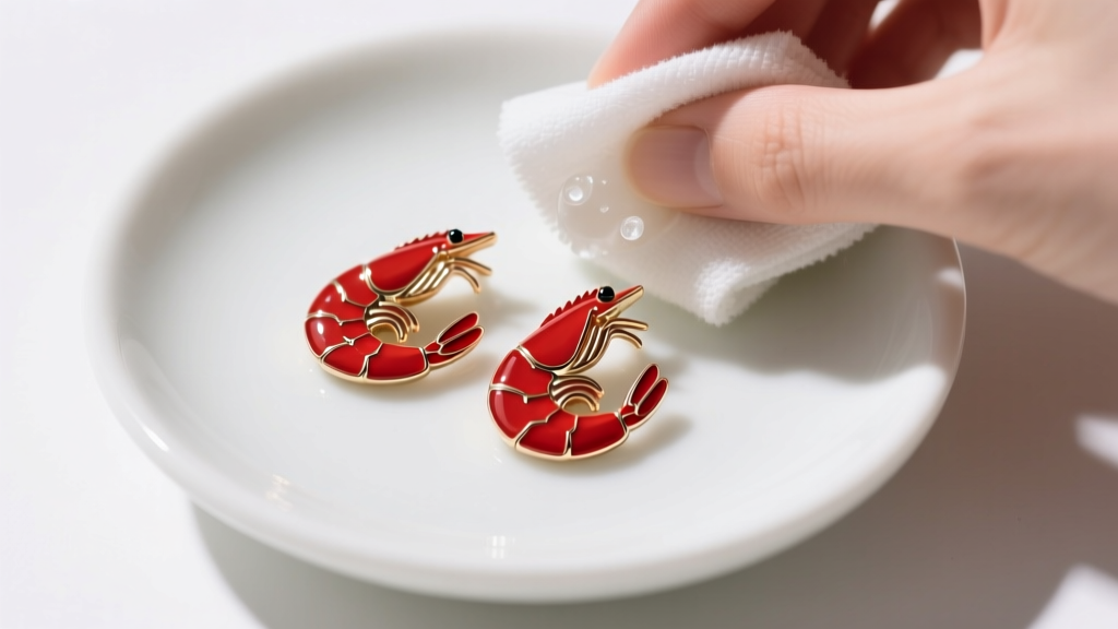 Red enamel shrimp earrings cleaned in a white ceramic dish with a soft microfiber cloth and mild soapy water, top-down view.