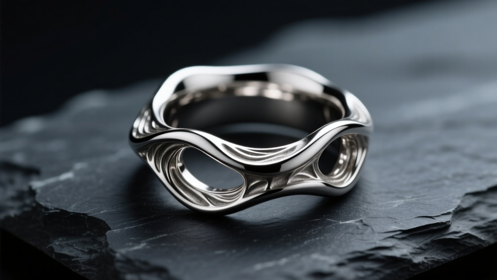 Close-up of a textured, organic biomorphic platinum numemon ring on dark slate, highlighting deep crevices and a matte finish.