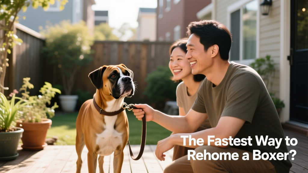 A smiling person handing over a leash to another smiling person, with a calm Boxer between them