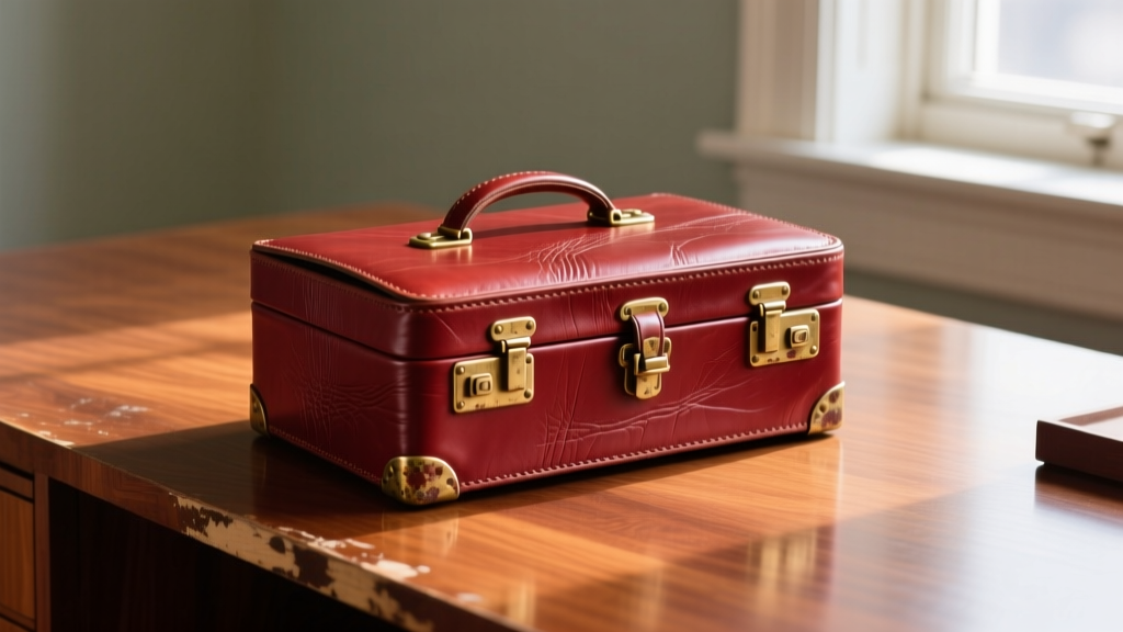 Mid-century vintage London leather jewelry box in oxblood bridle leather resting on a mahogany desk with tarnished brass latches.