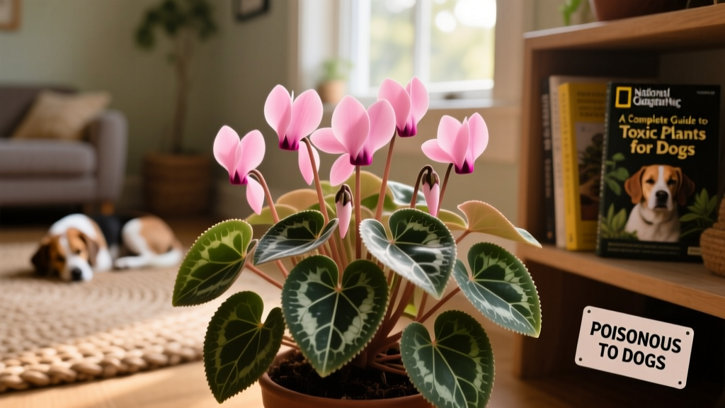 Cyclamen plant with pink flowers and heart-shaped leaves