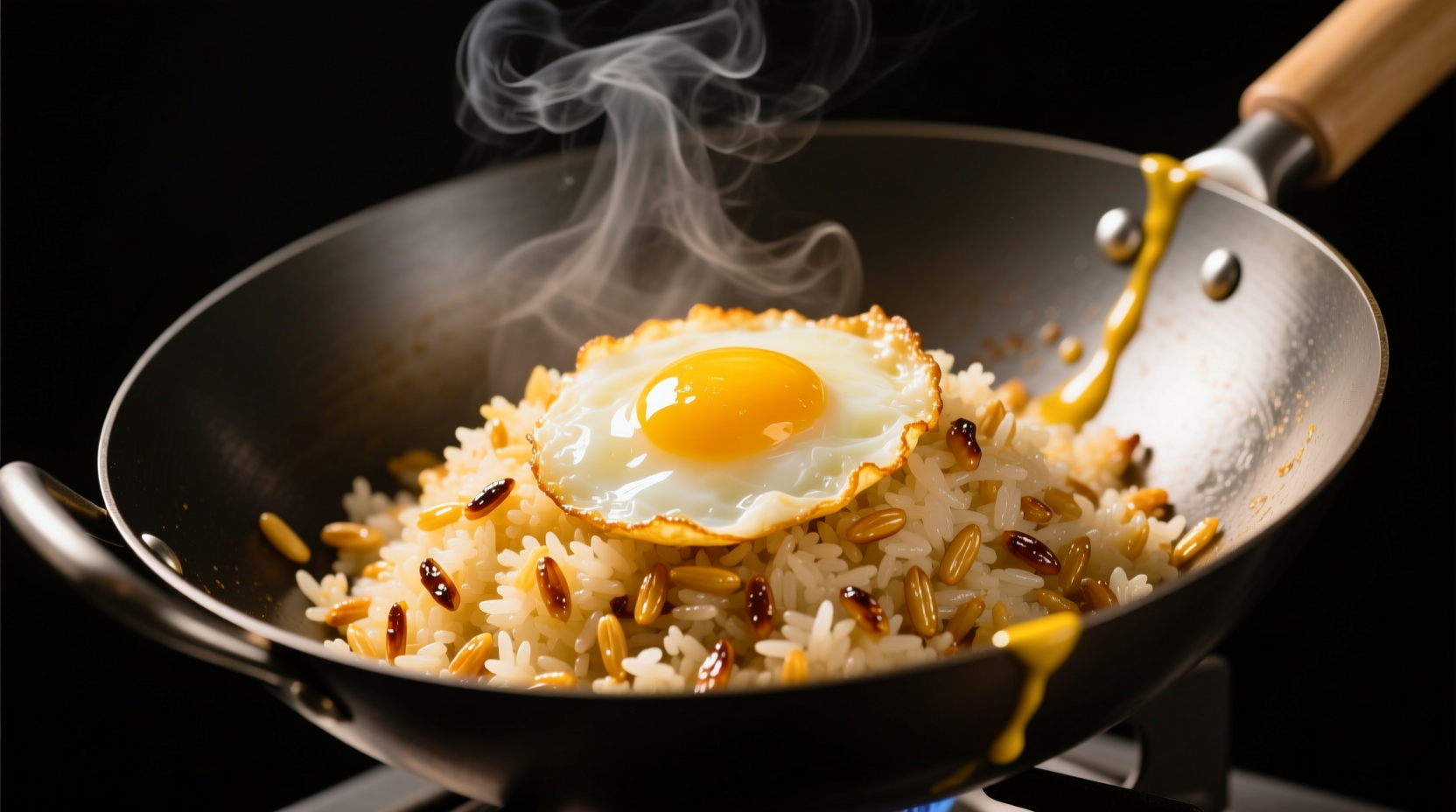 Golden egg fried rice with visible rice grains in wok