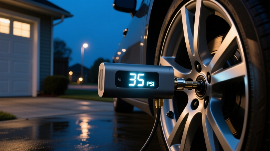 A portable digital tire inflator connected to a car wheel valve stem, displaying 35 PSI on its bright LED screen in a dimly lit nighttime driveway.