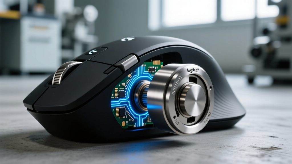 Macro photography of the Logitech MX Master 3S electromagnetic scroll wheel mechanism during an automated endurance stress test