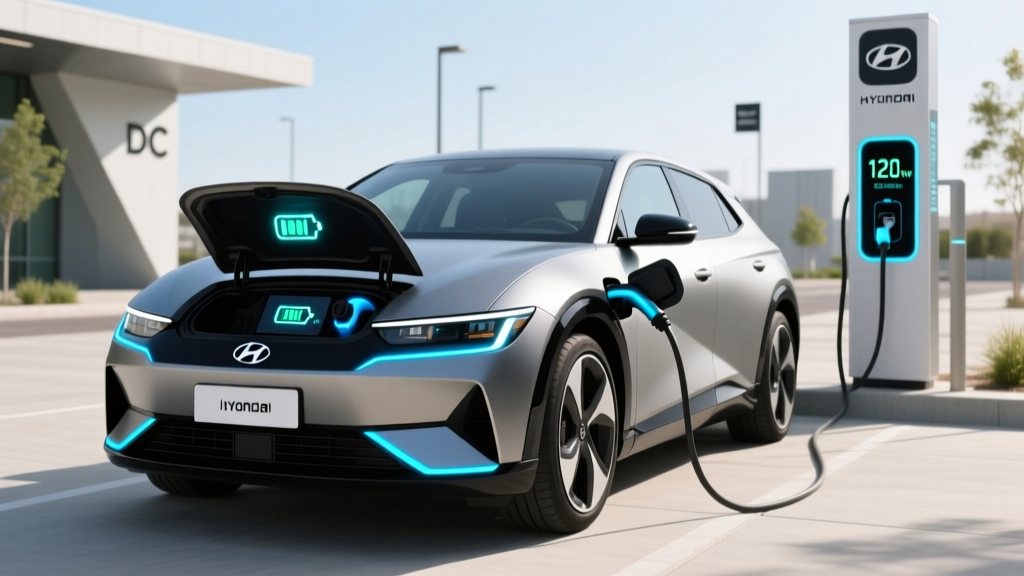 Hyundai Ioniq 5 plugged into a DC fast charger at a public charging station with charging speed displayed on screen