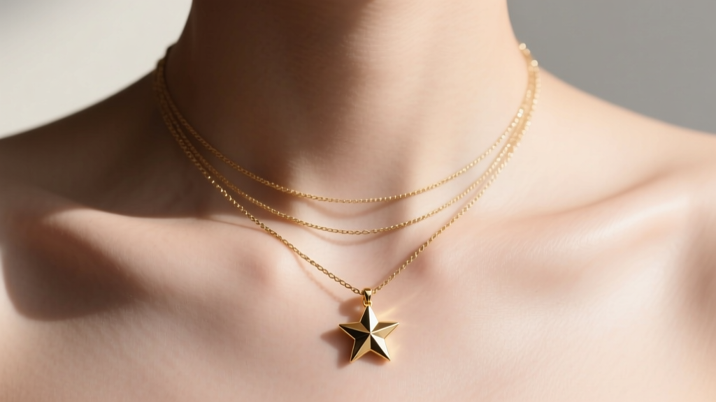 Close-up of a collarbone featuring a layered stack anchored by a delicate 14k solid gold star pendant on a 16-inch cable chain.