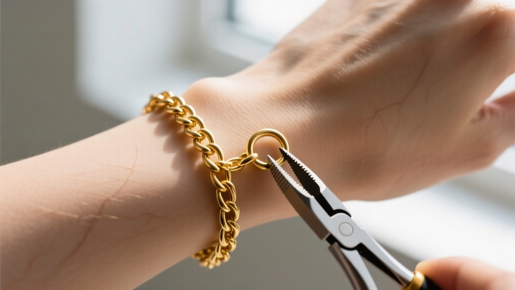 Close-up of a 14k solid gold chain attached to a wrist using a jump ring and chain nose pliers under bright, natural window light