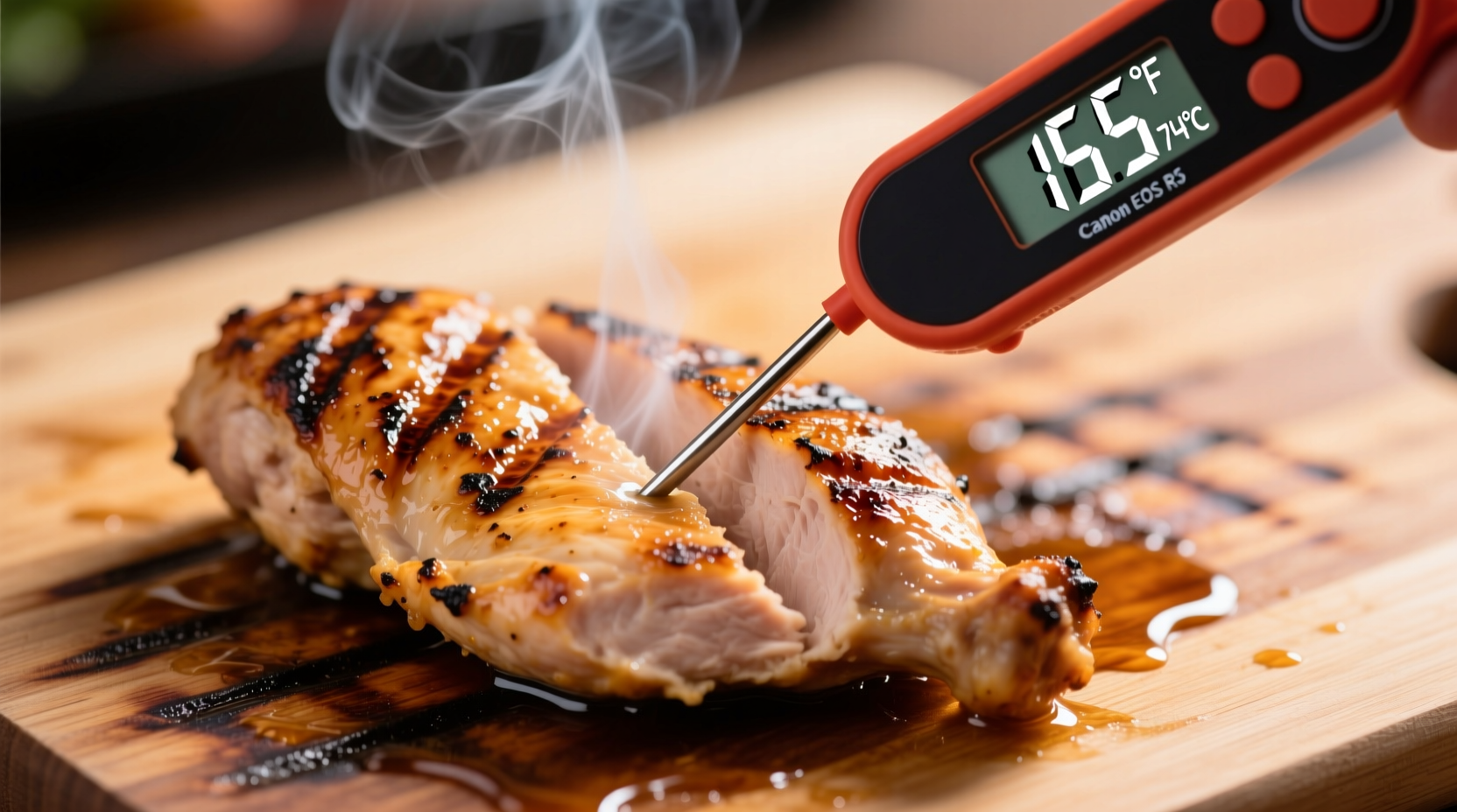 Digital food thermometer measuring chicken breast temperature