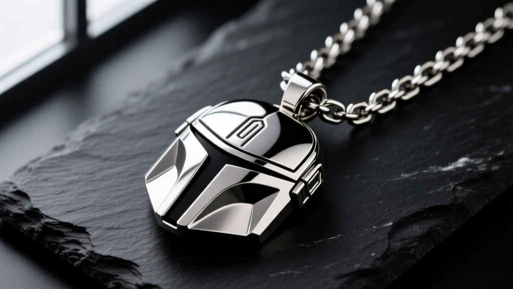 Close-up of a high-polish 316L stainless steel Mandalorian beskar pendant on a thick box chain, resting on dark slate