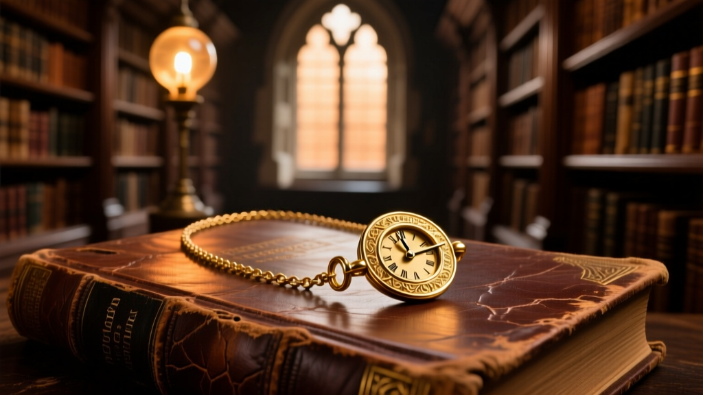 Close-up of a gold-plated Hermione Granger Time Turner necklace resting on a vintage leather book in warm, moody library lighting