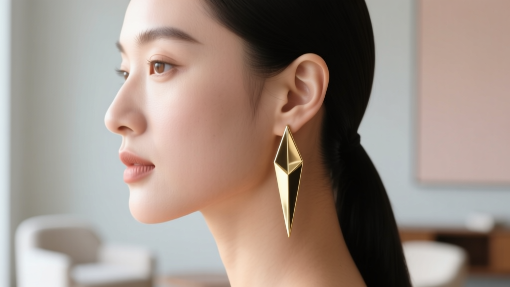 Side profile of a woman with a round face wearing medium-length minimalist gold dagger earrings that gently elongate her jawline